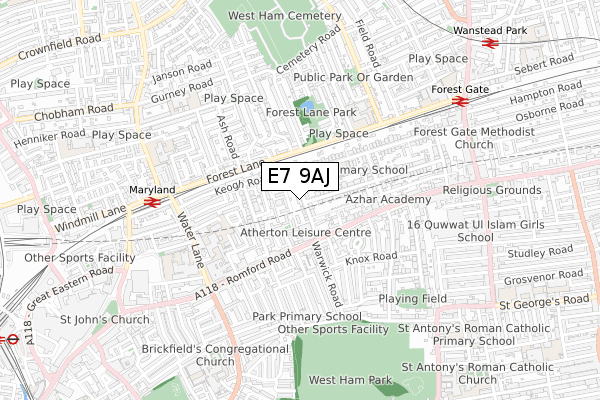 E7 9AJ map - small scale - OS Open Zoomstack (Ordnance Survey)