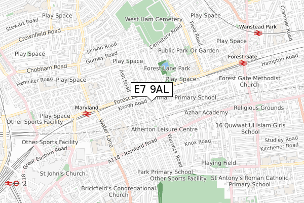 E7 9AL map - small scale - OS Open Zoomstack (Ordnance Survey)