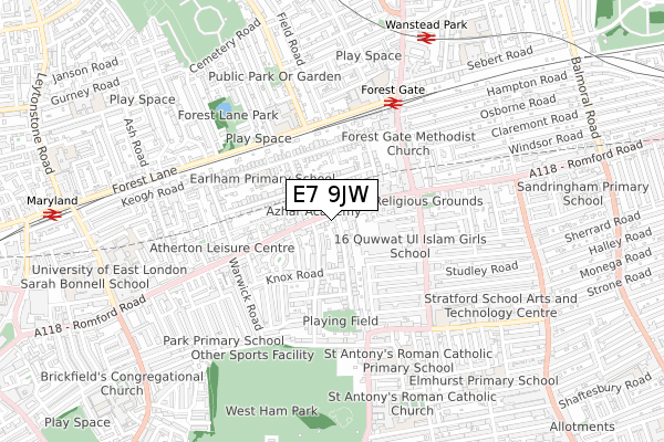 E7 9JW map - small scale - OS Open Zoomstack (Ordnance Survey)