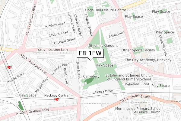 E8 1FW map - large scale - OS Open Zoomstack (Ordnance Survey)