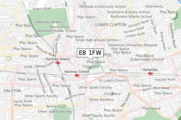 E8 1FW map - small scale - OS Open Zoomstack (Ordnance Survey)