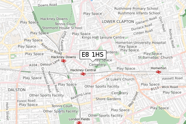 E8 1HS map - small scale - OS Open Zoomstack (Ordnance Survey)