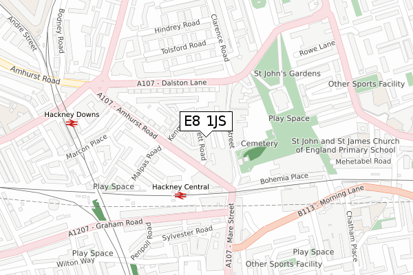 E8 1JS map - large scale - OS Open Zoomstack (Ordnance Survey)
