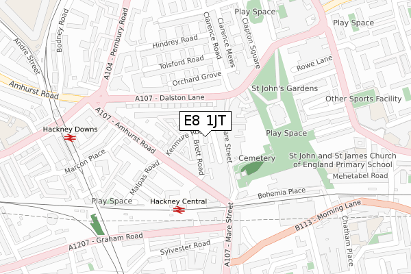 E8 1JT map - large scale - OS Open Zoomstack (Ordnance Survey)