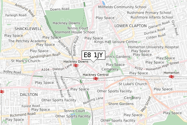 E8 1JY map - small scale - OS Open Zoomstack (Ordnance Survey)