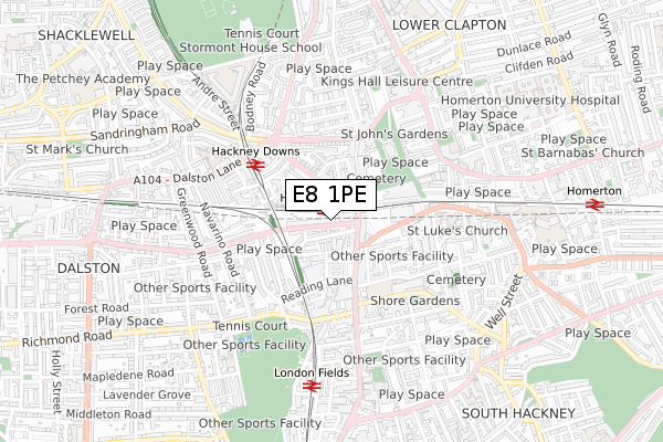 E8 1PE map - small scale - OS Open Zoomstack (Ordnance Survey)