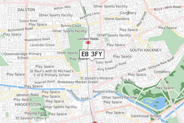 E8 3FY map - small scale - OS Open Zoomstack (Ordnance Survey)