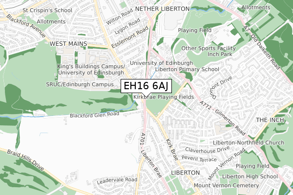 EH16 6AJ map - small scale - OS Open Zoomstack (Ordnance Survey)