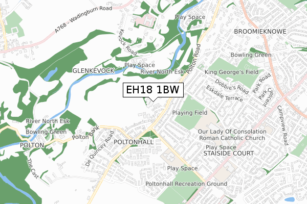 EH18 1BW map - small scale - OS Open Zoomstack (Ordnance Survey)
