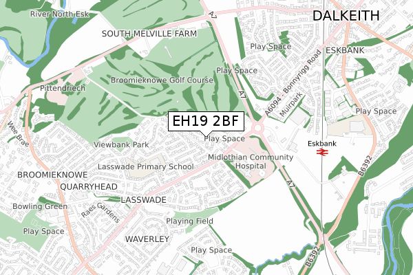 EH19 2BF map - small scale - OS Open Zoomstack (Ordnance Survey)