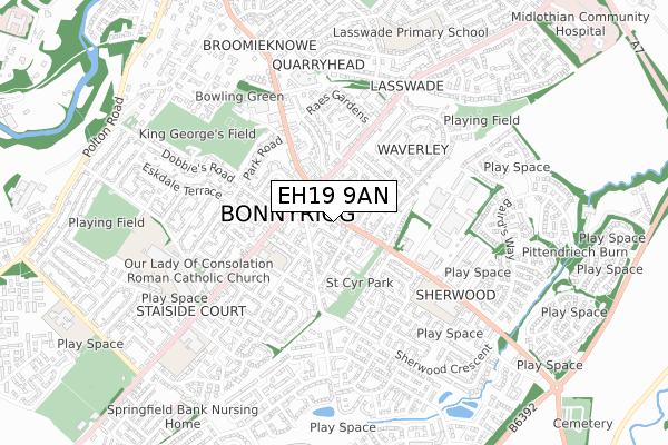 EH19 9AN map - small scale - OS Open Zoomstack (Ordnance Survey)