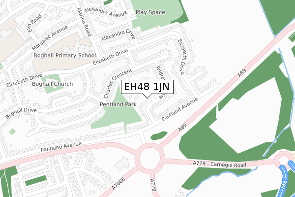 EH48 1JN map - large scale - OS Open Zoomstack (Ordnance Survey)