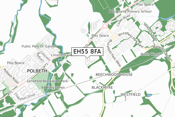 EH55 8FA map - small scale - OS Open Zoomstack (Ordnance Survey)