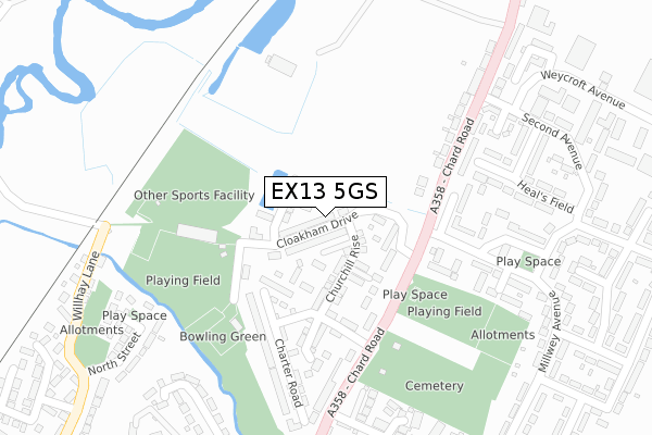 EX13 5GS map - large scale - OS Open Zoomstack (Ordnance Survey)