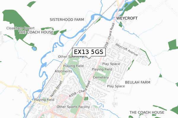 EX13 5GS map - small scale - OS Open Zoomstack (Ordnance Survey)