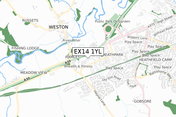 EX14 1YL map - small scale - OS Open Zoomstack (Ordnance Survey)