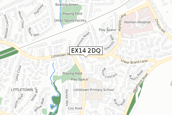 EX14 2DQ map - large scale - OS Open Zoomstack (Ordnance Survey)