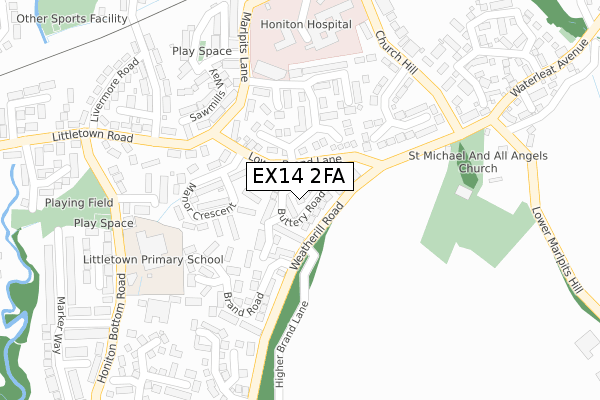 EX14 2FA map - large scale - OS Open Zoomstack (Ordnance Survey)