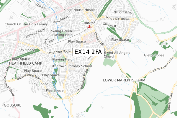 EX14 2FA map - small scale - OS Open Zoomstack (Ordnance Survey)