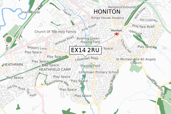 EX14 2RU map - small scale - OS Open Zoomstack (Ordnance Survey)