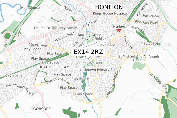 EX14 2RZ map - small scale - OS Open Zoomstack (Ordnance Survey)