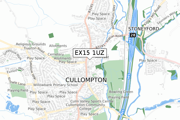 EX15 1UZ map - small scale - OS Open Zoomstack (Ordnance Survey) EX15 1UZ map - small scale - OS Open Zoomstack (Ordnance Survey)