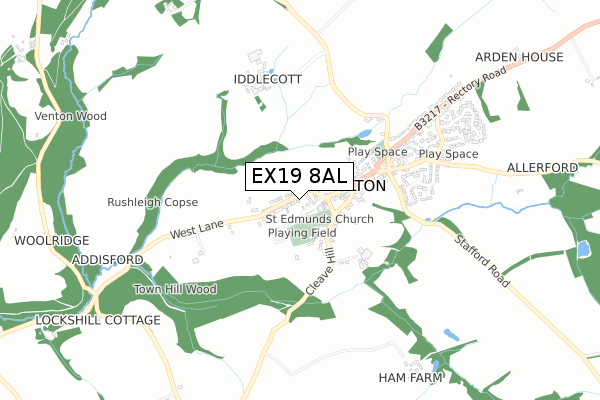 EX19 8AL map - small scale - OS Open Zoomstack (Ordnance Survey)