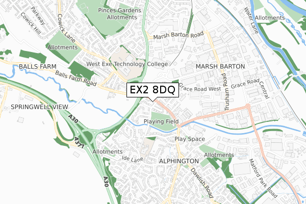 EX2 8DQ map - small scale - OS Open Zoomstack (Ordnance Survey)