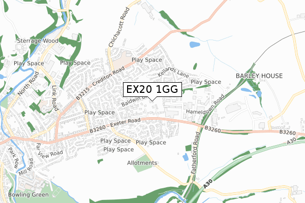 EX20 1GG map - small scale - OS Open Zoomstack (Ordnance Survey)