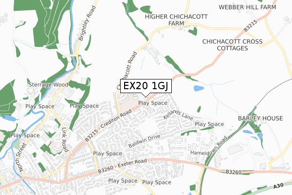 EX20 1GJ map - small scale - OS Open Zoomstack (Ordnance Survey)