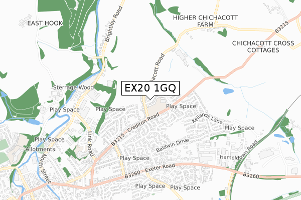 EX20 1GQ map - small scale - OS Open Zoomstack (Ordnance Survey)