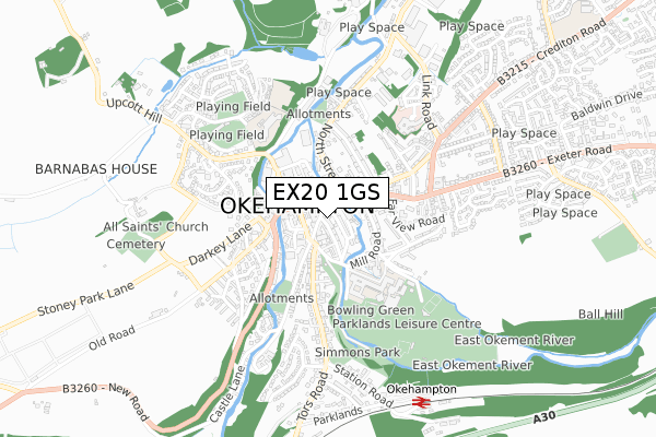 EX20 1GS map - small scale - OS Open Zoomstack (Ordnance Survey) EX20 1GS map - small scale - OS Open Zoomstack (Ordnance Survey)