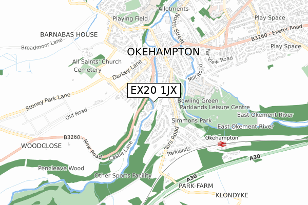 EX20 1JX map - small scale - OS Open Zoomstack (Ordnance Survey)