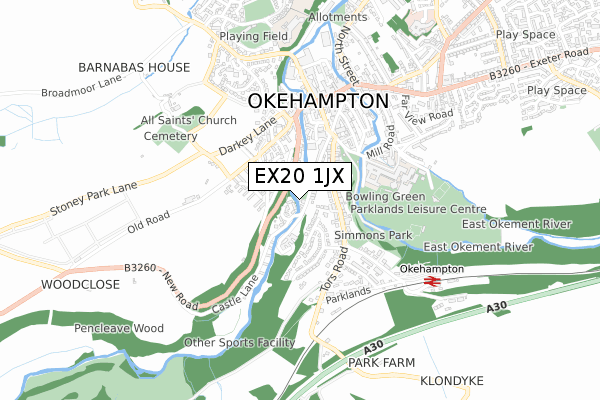 EX20 1JX map - small scale - OS Open Zoomstack (Ordnance Survey) EX20 1JX map - small scale - OS Open Zoomstack (Ordnance Survey)