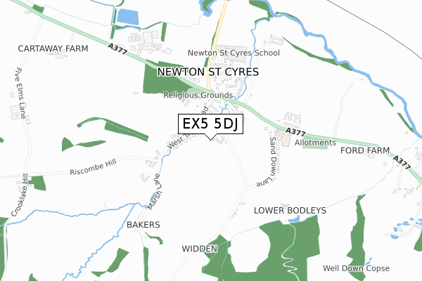 EX5 5DJ map - small scale - OS Open Zoomstack (Ordnance Survey)