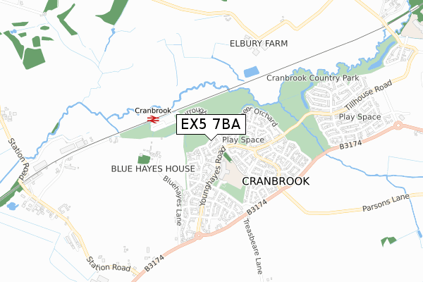 EX5 7BA map - small scale - OS Open Zoomstack (Ordnance Survey)