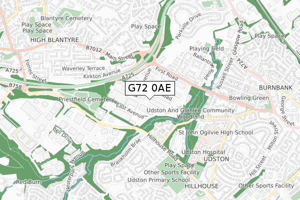 G72 0AE map - small scale - OS Open Zoomstack (Ordnance Survey)