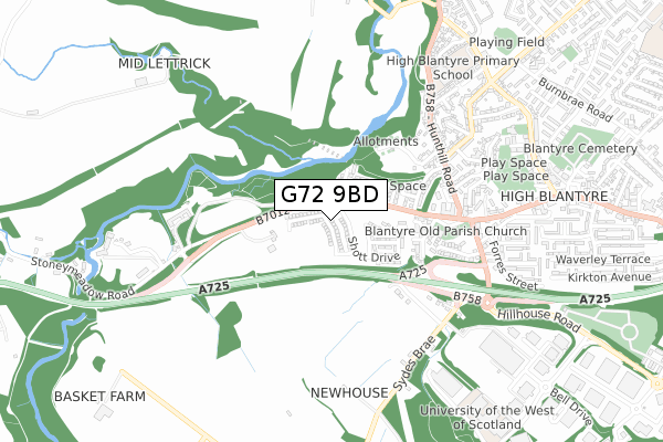 G72 9BD map - small scale - OS Open Zoomstack (Ordnance Survey)