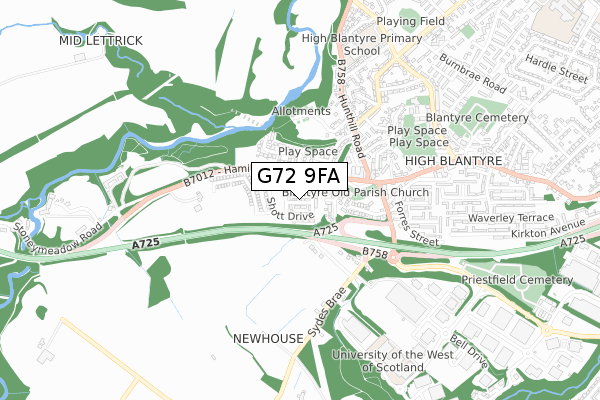 G72 9FA map - small scale - OS Open Zoomstack (Ordnance Survey)