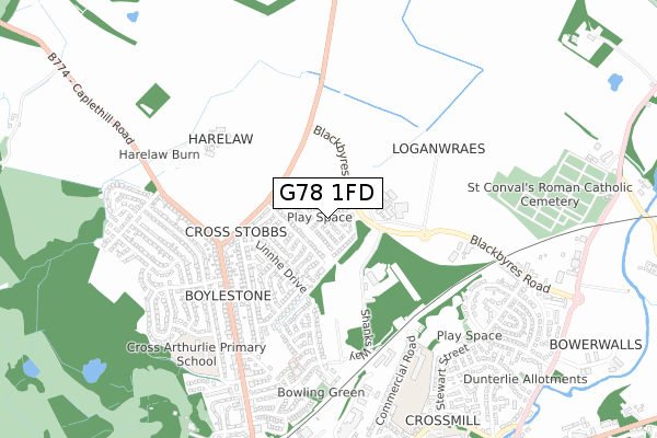 G78 1FD map - small scale - OS Open Zoomstack (Ordnance Survey)