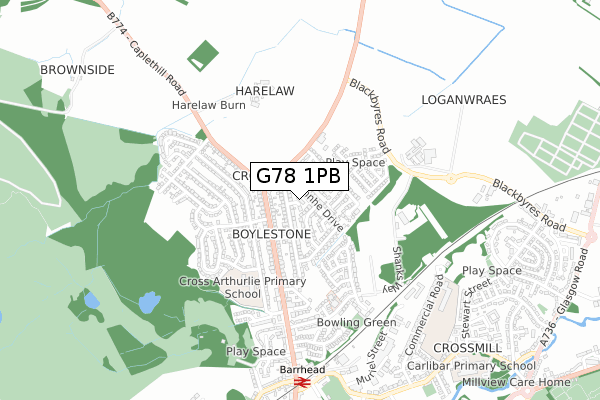 G78 1PB map - small scale - OS Open Zoomstack (Ordnance Survey)