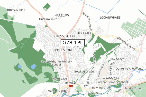 G78 1PL map - small scale - OS Open Zoomstack (Ordnance Survey)