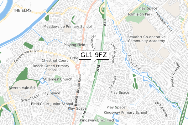 GL1 9FZ map - small scale - OS Open Zoomstack (Ordnance Survey)