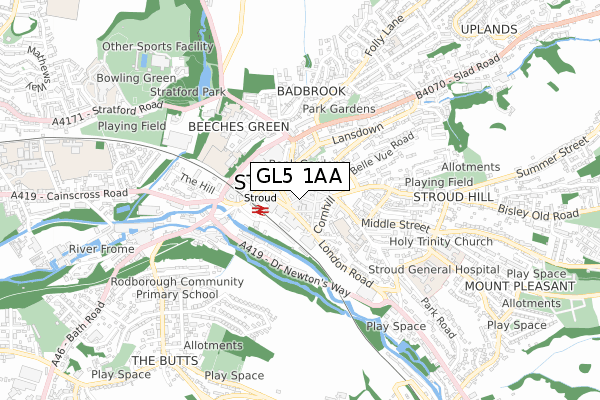 GL5 1AA map - small scale - OS Open Zoomstack (Ordnance Survey)