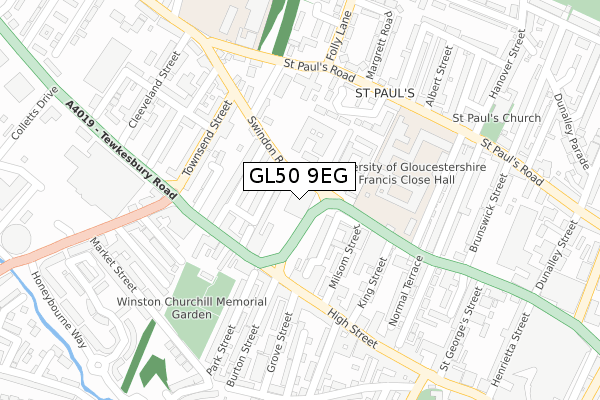 GL50 9EG map - large scale - OS Open Zoomstack (Ordnance Survey)