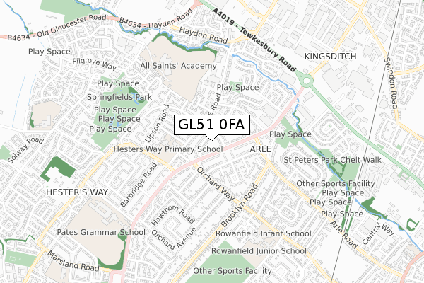 GL51 0FA map - small scale - OS Open Zoomstack (Ordnance Survey)