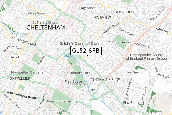 GL52 6FB map - small scale - OS Open Zoomstack (Ordnance Survey)