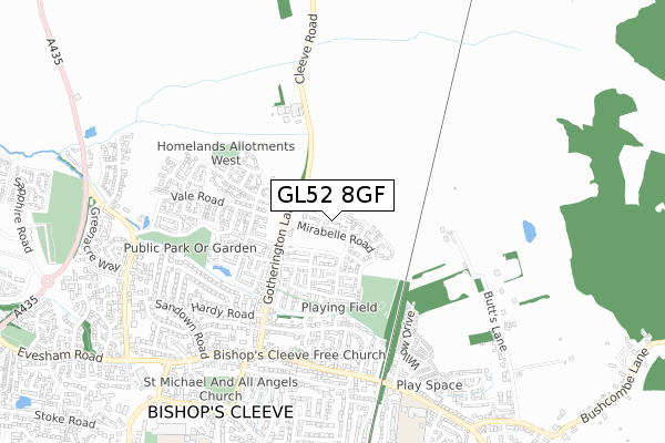 GL52 8GF map - small scale - OS Open Zoomstack (Ordnance Survey)