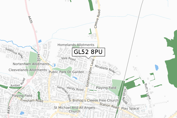 GL52 8PU map - small scale - OS Open Zoomstack (Ordnance Survey)