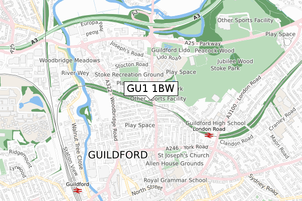 GU1 1BW map - small scale - OS Open Zoomstack (Ordnance Survey)